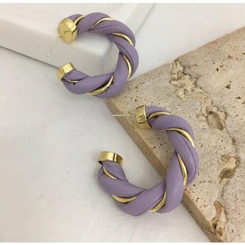 Monlansher C Shape Twist Plait Stud Earrings Purple Color Leather Earrings for Women Vintage Statement Trendy Earrings Jewelry