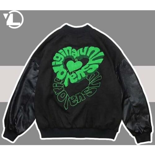 Hip Hop Baseball Varsity Jackets Men Furry Letter Heart Patchwork Harajuku Street College Bomber Jackets Men Loose Coats Unisex