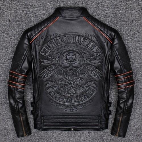 Spring Autumn Genuine Leather Jacket Men Embroidered Skull Casual Motorcycle Jacket Chaquetas Hombre Clothes Korean 2021 WPY2482