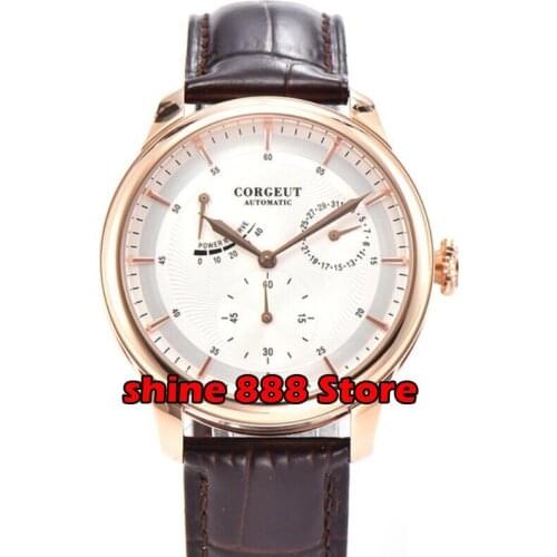 Corgeut 40mm New Mens Top Mechanical Watch Rose Gold Case Date Leather Strap Power Reserve Automatic Watch