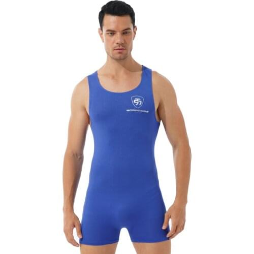 Mens Athletic Wrestling Boxers Jumpsuit Leotard Nightwear Male Gymnastics Fitness Round Neck Sleeveless Workout Sport Bodysuit