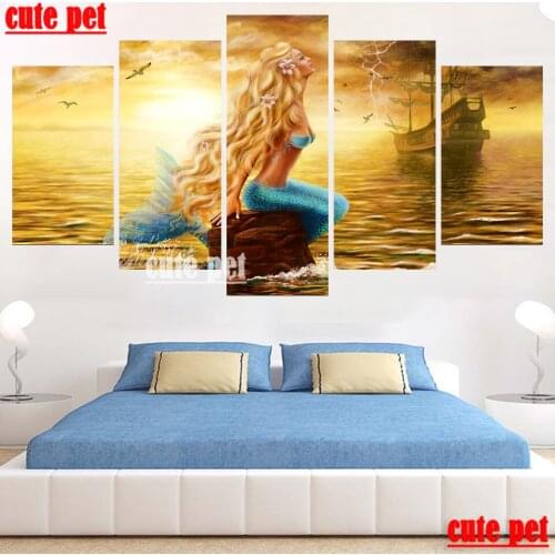 5PCS Mermaid DIY Diamond Mosaic navigation full Round Drill square5D Diamond Painting Cross Stitch Kit Diamonds Embroidery Decor