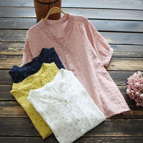 2021 New Summer Shirt Womens Loose Plus Size Short-sleeved Stand-up Collar Floral Pullover Shirt Women Blouses Woman Tops