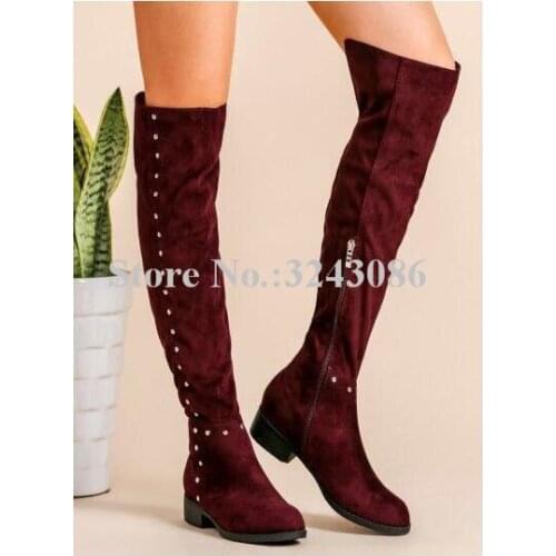 Women Rivets Flat Over the Knee Boots Fashion Wine Red Winter Long Boots Lady Large Size Spikes Casual Boots Dropship
