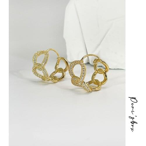 PerisBox Gold Color Hollow Link Chain Micro Inlay Bling Zircon Hoop Earrings For Women Chunky Exaggerated Chain Huggie Earrings