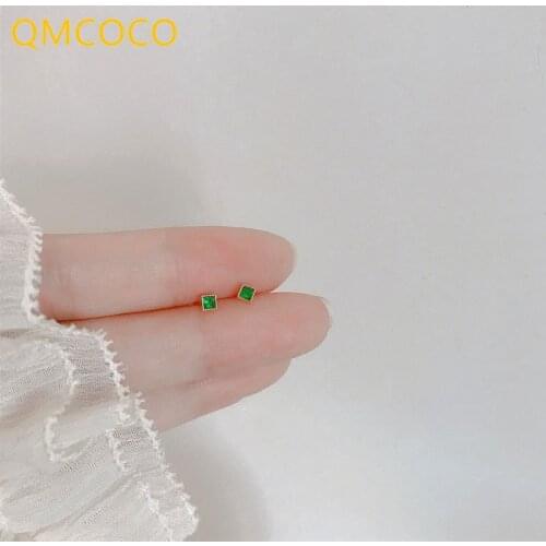 QMCOCO 925 Silver Vintage Square Green Zircon Earrings For Woman Korean Version Delicate Simple Classic Earrings