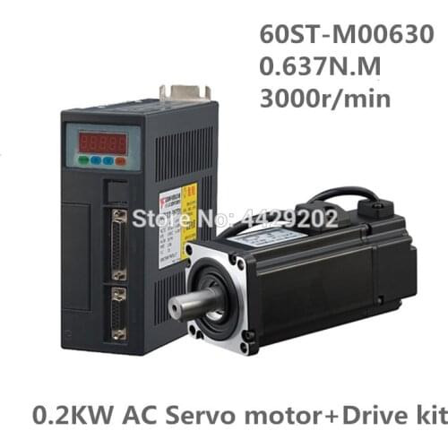 60ST-M00630 220V 200W AC Servo motor 0.2KW 3000RPM 0.637N.M. Single-Phase ac drive permanent magnet Matched Driver AASD-10A