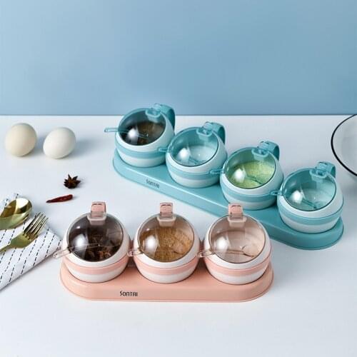 Spherical Seasoning Boxs Condiment Dispenser Visible Spice Jars set with Spoon Sugar Salt Bottle Kitchen Spice Jar Rack Set
