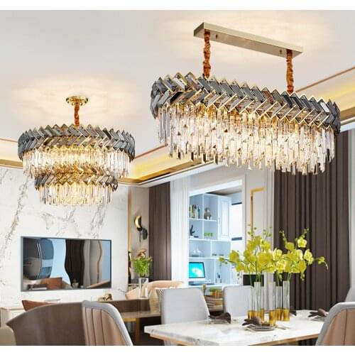 Modern LED crystal luxury oval chandelier, round stainless steel, dining room, bedroom, living room, LED crystal chandelier