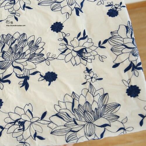1.45X0.5m Chinese style blue and White Embroidery lotus flower cotton fabric handmade clothing fabric DIY skirt dress material