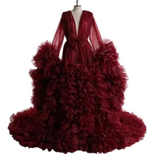 Big Ruffles Evening Dresses 2021 Sexy Maternity Photoshoot Custom Made Long Sleeve Prom Dress Gowns Burgundy Women Plus Size