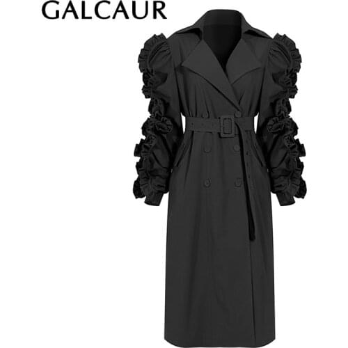 GALCAUR Loose Windbreaker For Women Lapel Puff Long Sleeve Patchwork Ruffles High Waist Lace Up Designer Clothes Female 2020 New