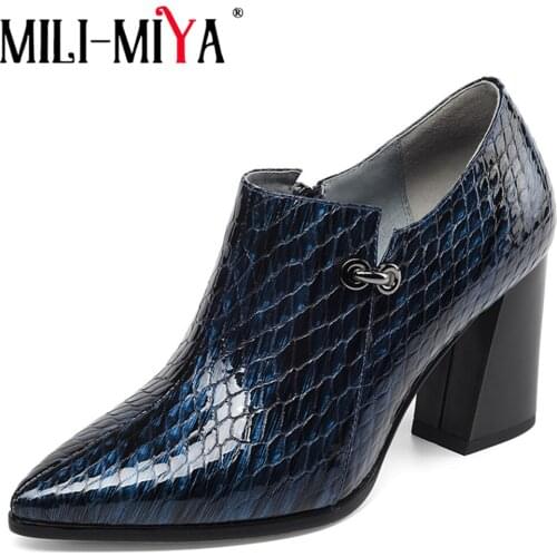 MILI-MIYA Classic Design Women Office&Career Pumps Patent Leather Snake Pattern Pointed Toe Zipper Square Heels Large Size 34-43