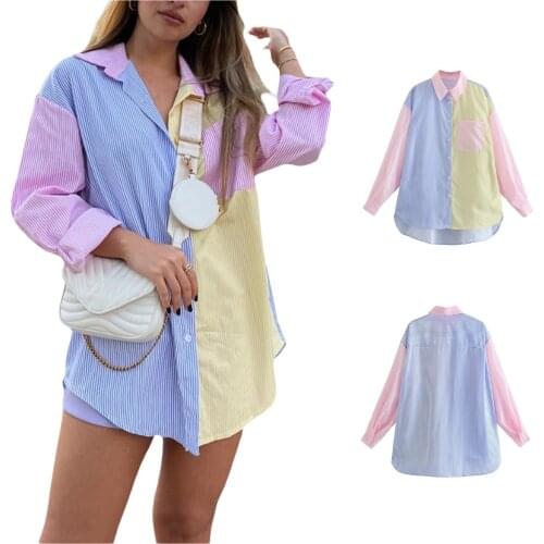 Women’s Button Down Oversized Shirts, Long Sleeve Striped Print Color Block Loose Tops
