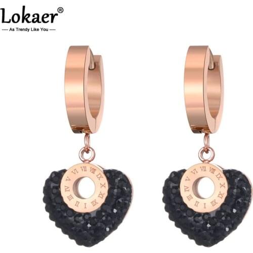 Lokaer Roman Numerals Titanium Stainless Steel White/Black Clay Crystals Heart Hoop Earrings For Women Boucle D'oreille E19135