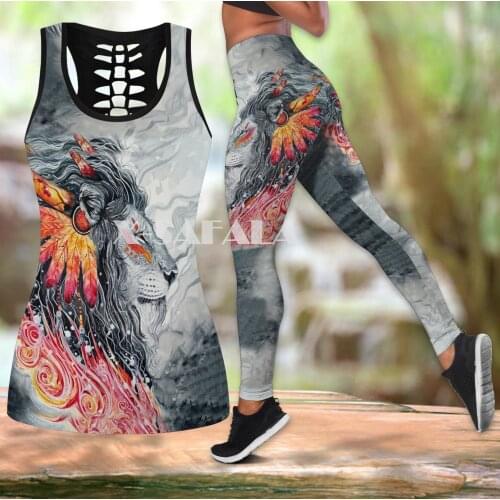 Lion Native Indian Two Piece Yoga Set Women 3D Print Vest Hollow Out Tank Top High Waist Legging Summer Casual Sport1