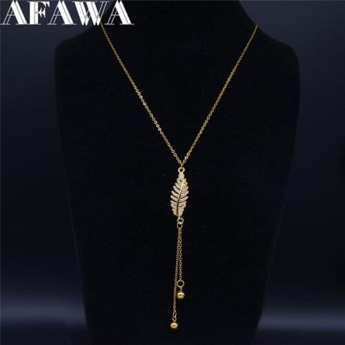 AFAWA Leaf Zircon Copper Stainless Steel Tassel Necklaces Women Gold Color Long Statement Necklace Jewelry gargantilla N20S01