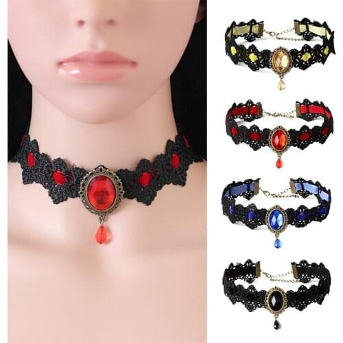 Gothic Bohemia Lace Tattoo Choker Necklace Women Vintage Black Red Blue Crystal Necklaces Gothic Punk Collar Choker Jewelry