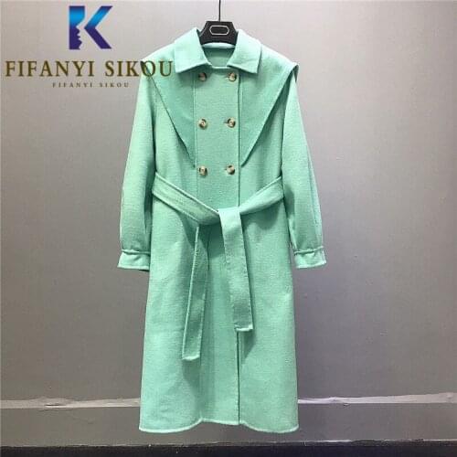 2020 Women Winter Coat High quality Double sided Cashmere Lapel Fashion Lace Up Long Wool Coat Ladies Casual Warm Woolen Coats
