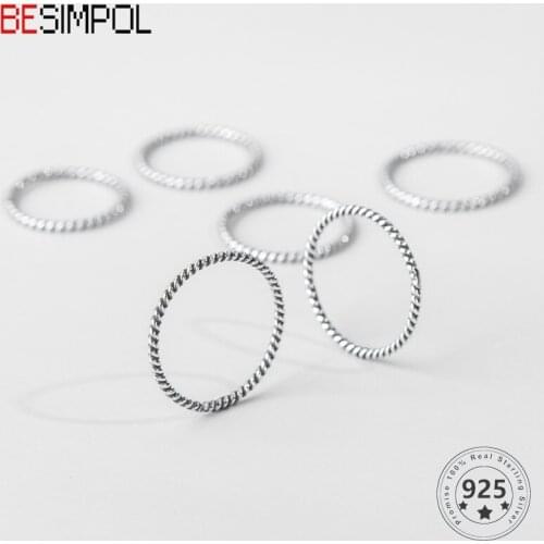 Besimpol Real 925 Sterling Silver Twisted Line Rings Fashion Minimalist knuckle Thin Circle Ring For Women Simple Fine Jewelry