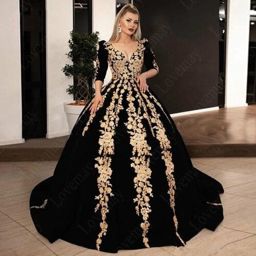 Black Velvet Formal Evening Dresses Plus Size 2021 V-neck Half Sleeve Sparkly Gold Lace Applique Kaftan Caftan Arabic Prom Gowns