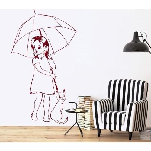 Girl With Cat Vinyl Wall Stickers And Umbrella Romantic Wall Sticker Kids Decor Wall Decal Decor Girls Kids Room Mural SA224