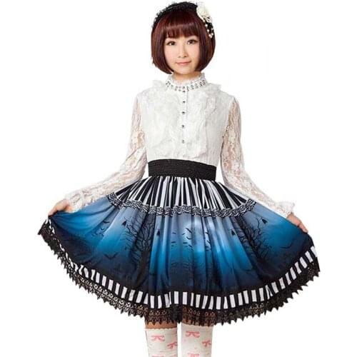 Gothic black Tree and Bat Printed Lolita Skirt Lace tirm Polyester japanese summer Mori girls fashion elastic waist