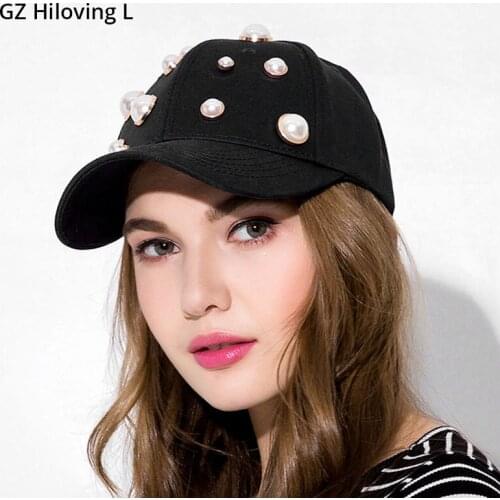 GZHilovingL New Summer Female Black Baseball Cap Fashion Women Solid Snapback Cap With Pearl Cotton Hip Hop Hat 2018 Dad Hats