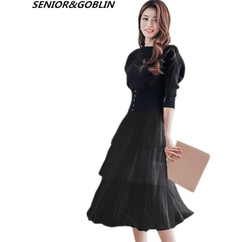 Two Piece Set Newest Autumn Winter High Quality Women Batwing Sleeve Knitted Sweater+Elastic Mesh Skirt Suit Sets 2 Piece Set