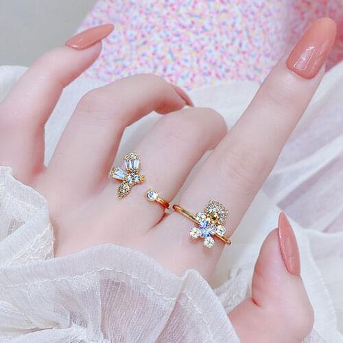 Korea 14K Real Gold Bee Love Bear Rings Opening Bling AAA Zircon Exquisite Luxury Women Rings Elegant Romantic Couple Rings