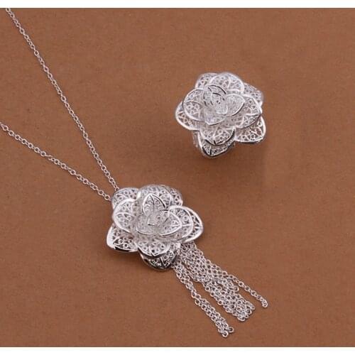 Hot party jewelry female elegant charm exquisite big flower pendant necklace ring fashion Silver color jewelry Set S439