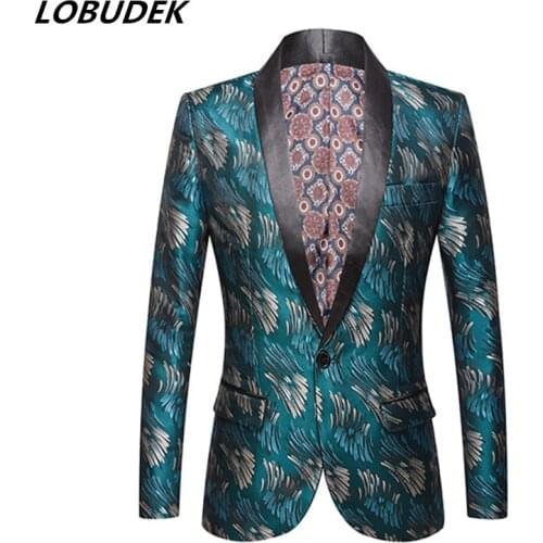 Mens Jacquard Slim Suit Jacket Stage Singer Host Print Blazers Banquet Prom Formal Clothing Bar Nightclub Performance Costume