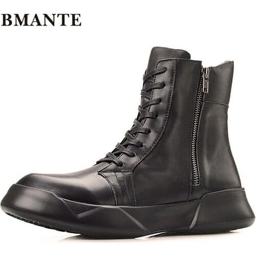 Bmante Genuine Leather Men Boots Solid Black Flats Lace-Up Zipper High Ankle Trainers Sneaker Top High Street Gothic Owen Shoes