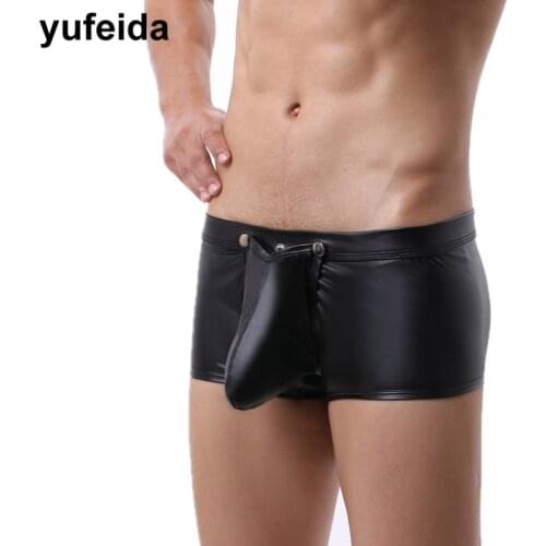 Mens Underwear Boxers PU Leather Boxer Shorts Trunks Backless Sexy Gay Bulge Pouch Homme Panties Underpants Dance Clubwear Cueca