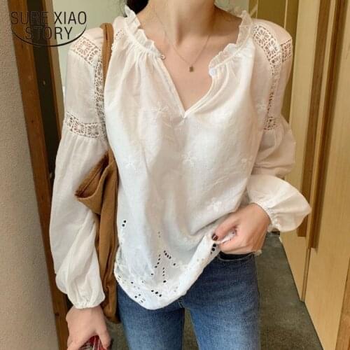 Summer 2021 New Niche Design V-neck Embroidery Hollow Loose Long Sleeve Shirt Female Silm Sweet Solid Office Ladies Blouse 14818