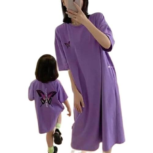 Girls' Clothing, Parent-Child Clothing, Short-Sleeved T-Shirt Dress Womens Clothing 2021 Summer Purple Print Dress