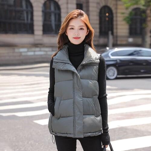 ISENMAL Autumn Winter Womens Solid Loose Vest Drawstring Stand Collar Vest Jacket Cotton Padded Womens Windproof Warm Wai