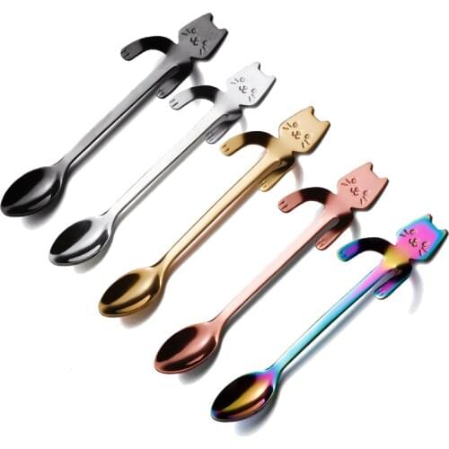 Stainless Steel Spoons Lovely Cartoon Cat Hanging Coffee Cup Hanging Spoon Ice Cream Dessert Teaspoon Creative Kitchen Accessory