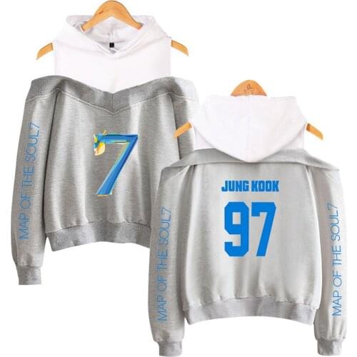 Classic JIMIN JIN RM V J-hope Jung Kook Kpop hoodies for teen girls Off-shoulder Sweatshirts Print Map of soul 7 Casual tops