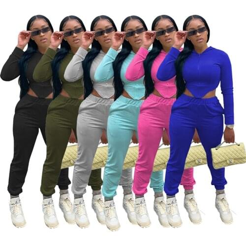 Sportwear Solid Color Womens Set Long Sleeve Zipper Hoodies Top Jogger Pant Set Tracksuit Fitness Two Piece Matching Set