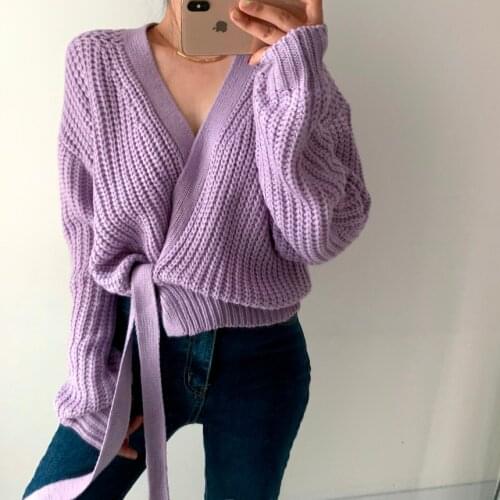 Comelsexy 2020 New Autumn Winter Loose Womens Cardigans Sashes V-Neck Korean Style Stylish Knitted Chic Lady Sweaters Female