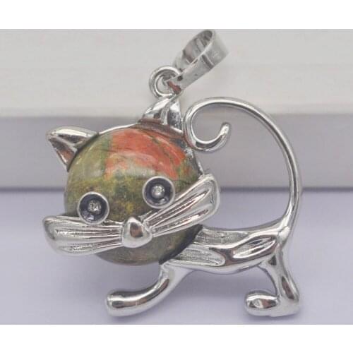 Unakite Epidote Stone GEM Pendant Lovely Cat Animal Jewelry For Woman Gift S3236