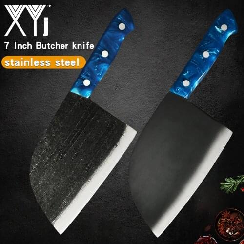 XYj Cleaver Butcher Stainless Steel Non-slip Blade Options Blue Black Brown Handle Chef Knife Kitchen Chopping Cooking Tools