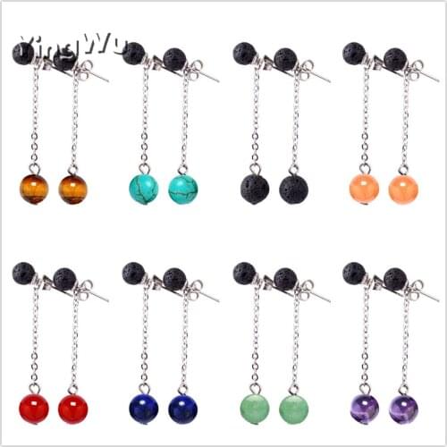 Yingwu 6/8mm Lava Stone Stainless Steel Dangle Earrings DIY Aromatherapy Essential Oil Diffuser Dangle Earings Jewelry Women