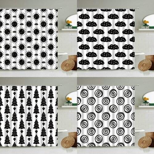 Black And White Fun Cartoon Sun Cloud Pattern Shower Curtain Child Bathroom Accessories Simple Art Waterproof Curtains With Hook