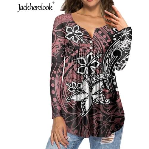 Jackherelook Womens Plus Size Casual Tunic Tops Vintage Polynesain Samoan Tattoo Hibiscus Print Spring/Autumn Ladies Shirts