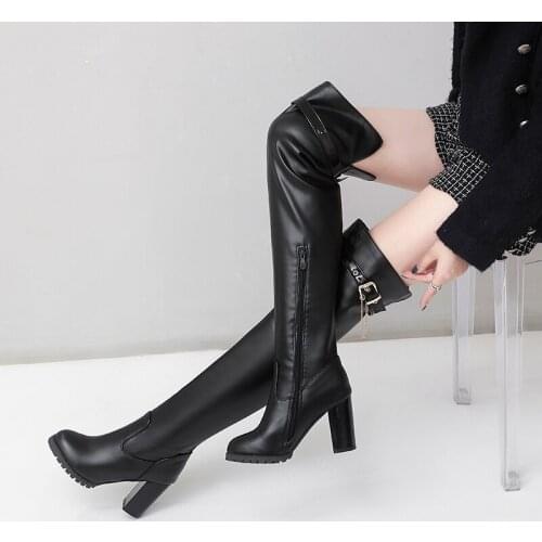 Oversized Metal Chain Buckle Thick Heel Womens Over-The-Knee Boots Side Zip Round Toe Super High Heel Plush Lining Boots