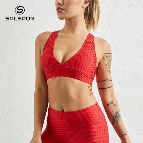 SALSPOR Sexy Red Deep V Fitness Push Up Bra Women Sports Seamless Bubble Bralette Wire Free Cross Back Casual Underwear Female