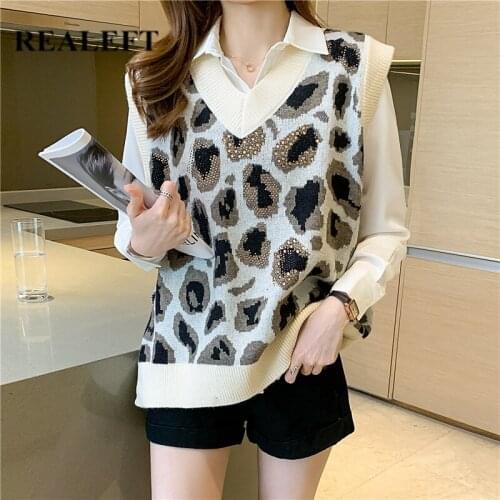 REALEFT 2021 New Autumn Winter Leopard Print Knitting Womens Tank Sweaters V-Neck Oversize Pullovers Female Sweater Vest Tops