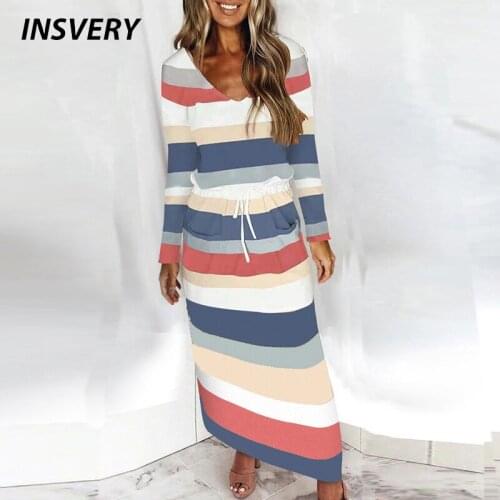 Boho Dress 2021 Spring Autumn Striped Print Drawstring Long Dress Women V Neck Long Sleeve Pocket Maxi Party Dress Plus Size